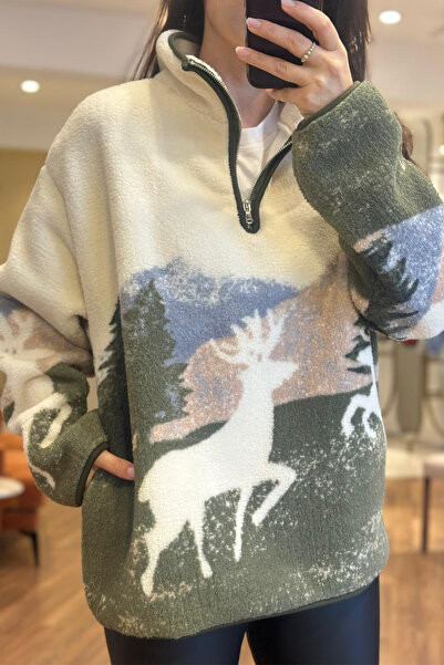 Unique Boutique Geyik Desenli Standart Beden Cepli Polar