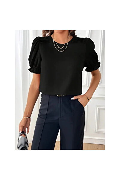 bysoca Women's Black Shoulder Pleated Short Balloon Sleeve Crew Neck Imported...