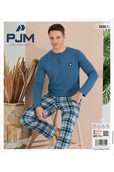 PJM Men's Compact Combed Cotton Three Button Embroidered Long Sleeve Pajama Set