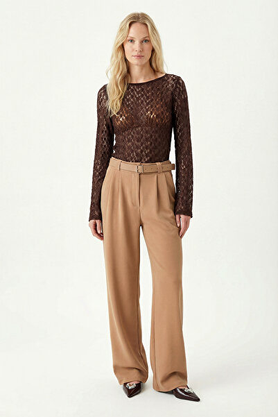 Lovelyİstanbul Belted Wide Leg Stretch Knit Pants Lzv0045 Biscuit