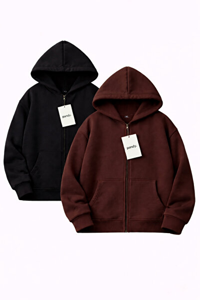 pandy 2'li Kapüşonlu Unisex Fermuarlı Sweatshirt / Hırka