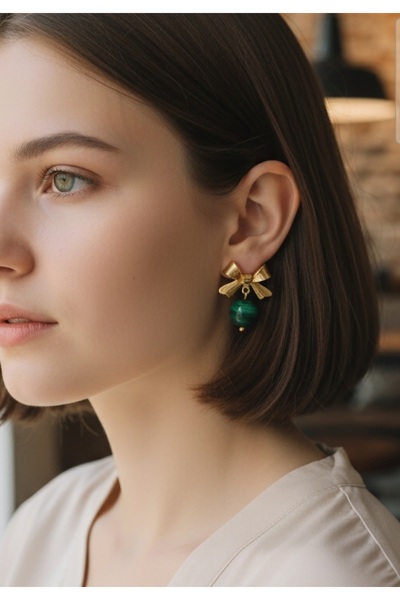 Home Malachite Stone Bow Steel Earrings