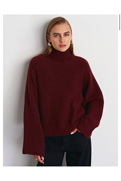 Dilvin 10817 Wool Blend Batwing Sleeve Sweater-Burgundy M.