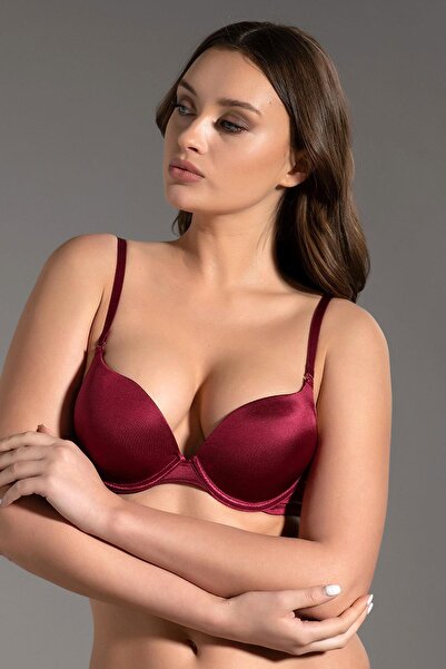 Kompedan Kadın Push-Up Etkili Destekli Saten Görünümlü Sütyen | Bordo 7030