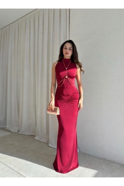 MOVELLA FASHİON HALTER YAKA AKSESUAR DETAY SANDY KUMAS YENİ SEZON MAXİ ELBİSE