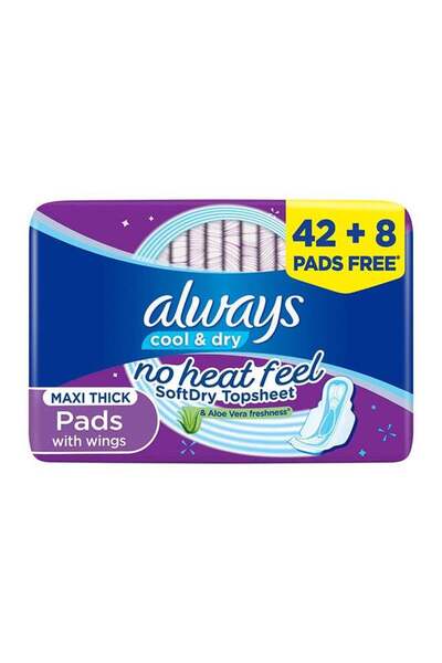Always Cool And Dry Maxi Thick, Large Sanitary Pads With Wings, 50 Count White