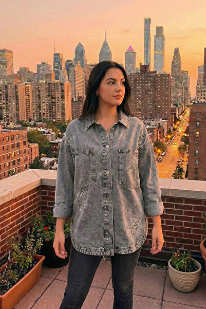 Asist AST 918 Yıldız İşleme Boncuklu Oversize Cepli Kadın Kot Ceket Gri