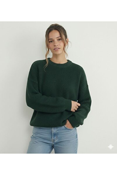 FAVORİST Nefti Green Crew Neck Oversized Women's Knitwear Knitted Sweater