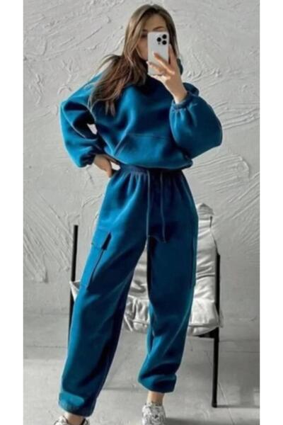 MODAGEN Kadın Petrol Mavi Kanguru Cepli Oversize Crop Takım