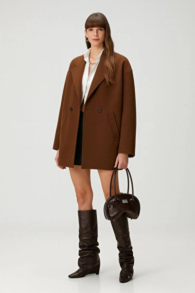 mooishan Women's Short Cashmere Coat Buttoned Brown New Season