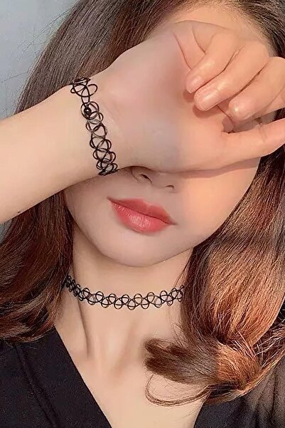 TAKIŞTIR Siyah Renk Elastik Choker Kolye | Bileklik Ve Yüzük Set