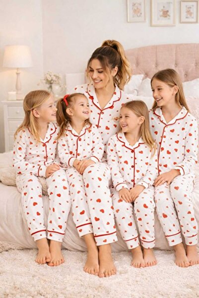 kidsense طقم بيجامة بناتي بأزرار على شكل قلب أحمر، طقم بيجامة للأم والابنة، ط...