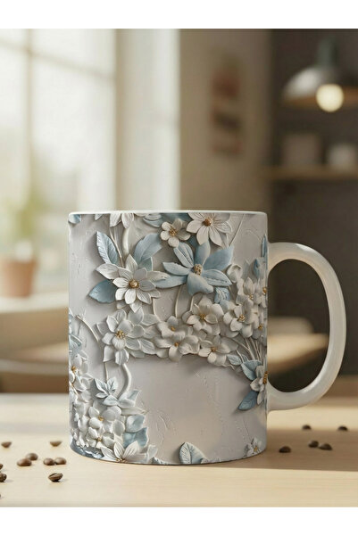 NİVRA GRUP Çiçek Desenli 3D Baskılı Porselen Kupa Bardak