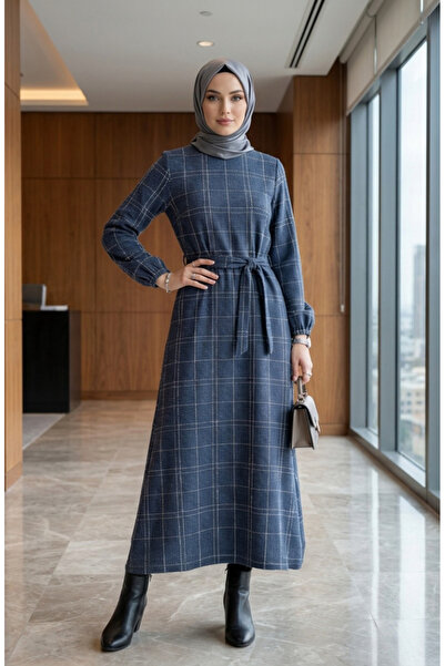 sefamerve Striped Belted Elastic Sleeve Winter Dress 2505-05 Navy Blue