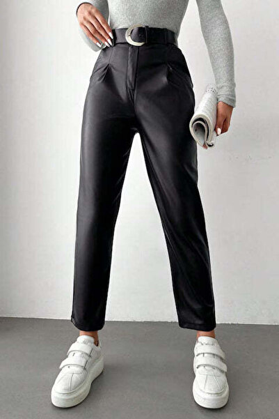 StreetWear Outlet Women's Pants, PU Leather, High Waist, with Belt