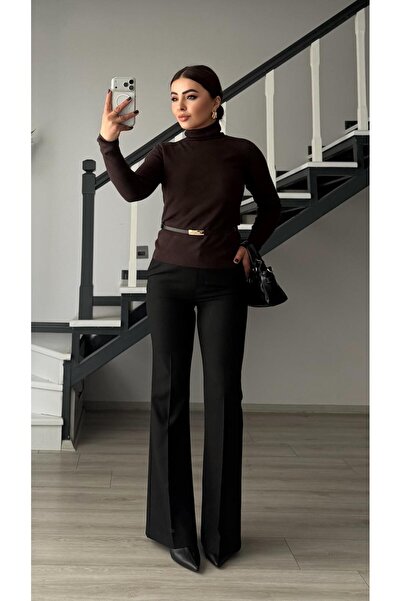 Oslove Black Spanish Leg Fabric Trousers