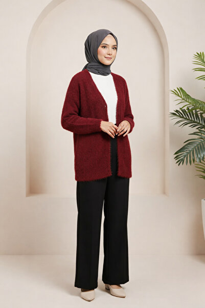 Tesettür Diyarı Knitwear Frost Cardigan - Claret Red Standard (36-42 Compatible)