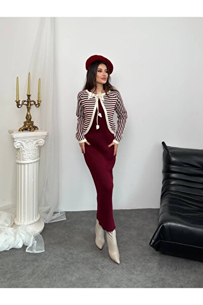 ikomteks Stripe Pattern Bowknot Knitwear Set