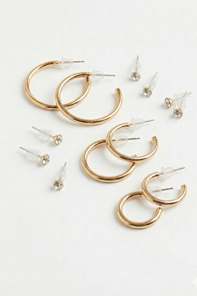 AURRARİ Gold 3 Double Hoop and 6 Zircon Stone Earring Set