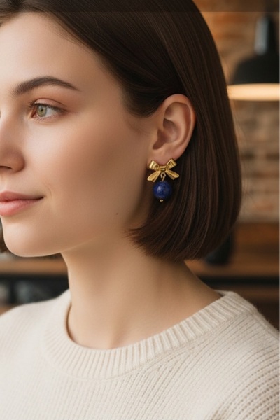 Home Lapis Stone Bow Steel Earrings