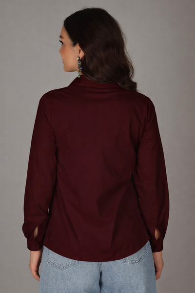 SWEETNESS Kadın Koyu Bordo Likralı Uzun Kol Pamuklu Klasik Gömlek