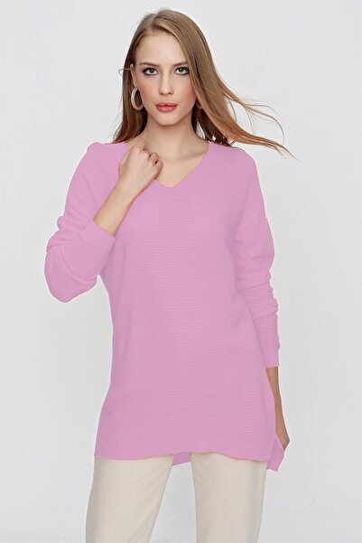 TENA Women's Pink V-Neck Casual Sweater Sweater