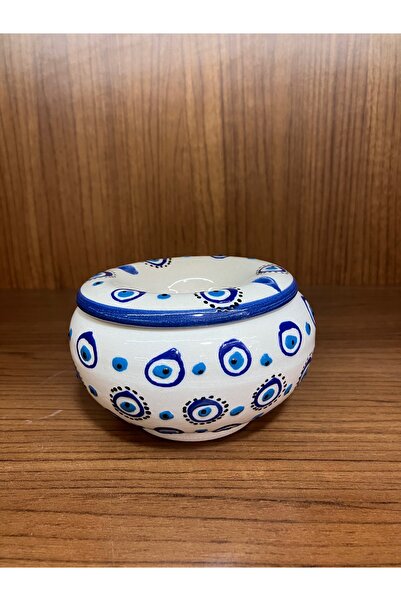 Emre Hediyelik منفضة سجائر كبيرة بغطاء من السيراميك باللون الأزرق الداكن مزين...