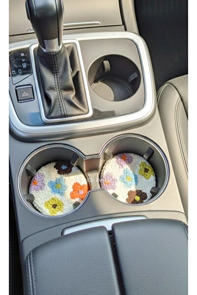 Sewille Design Hand Made Punch İşlemeli Çiçekli Araba Bardak Altlığı 2 li, Ar...