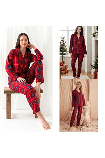 estex ekoseli düğmeli süet gecelik pamuklu kışlık yumuşacık takım