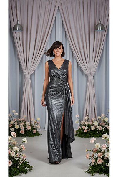 dml giyim Metalik simli kumaş elbise