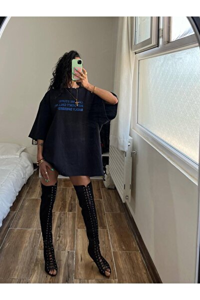 Alien 1979 Kadın Siyah Oversize Baskılı Tişört Günlük Rahat Street Style