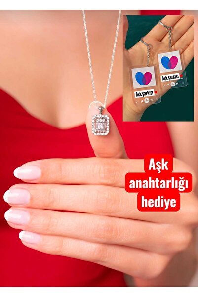 Ayenci Baget Taşlı Rodyum Kaplama Kadın Hediyelik Kolye Ve Aşk ANhtarlığı Hed...