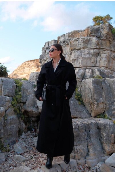 AKD Atelier Women's Long Stamp Coat Belted Buttoned Pocket Premium Stamp Coat