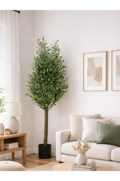 DRAMA HOME Luxury artificial olive tree, 150 cm tall – black plastic pot with...