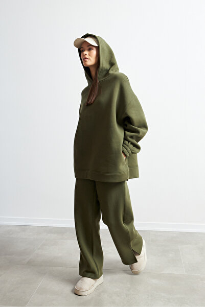 Yefrastore Γυναικεία αθλητική φόρμα με κουκούλα Μαλακής υφής Basic Διπλό Χακί