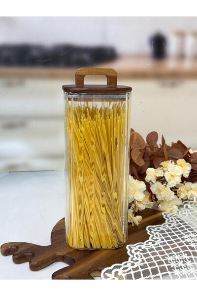 MİEN Borosilikat Çizgili Cam Kavanoz Akasya Kapak Kare Model 1850 Ml TKEBT Şe...