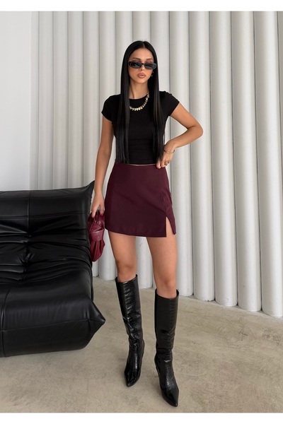 BEJNA Women's Burgundy Slit Detailed Shorts Skirt