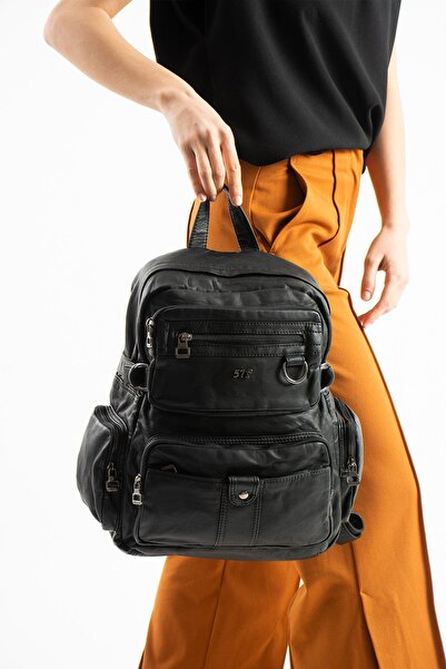 H&D COLLECTİON 571 Collectione Washed Leather Backpack (Polyurethane) Blue Mo...