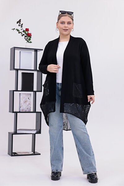 Siyezen Plus Size Cardigan with Tulle Detail on the Back