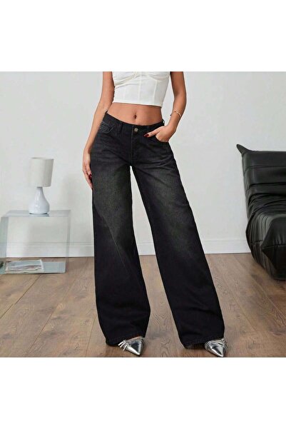 NOXTER JEANS بنطلون جينز نسائي أسود بخصر عادي وساق واسعة