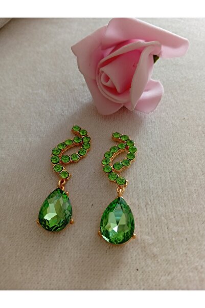 Pervin Ablacım Gold Showy Dangling Handmade Earrings with Green Stones