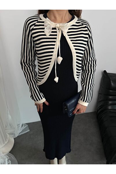 ikomteks Stripe Pattern Bowknot Knitwear Set