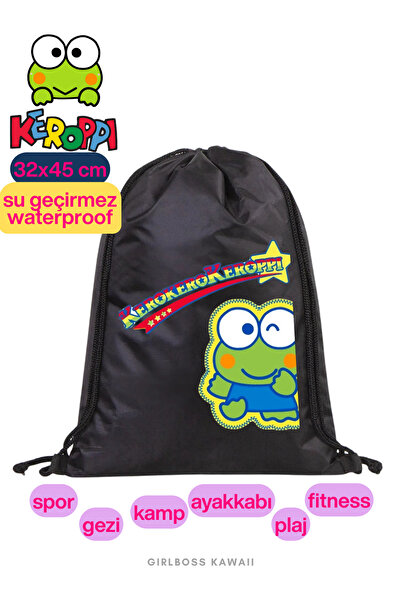 Girlboss Kawaii Keroppi Waterproof Black Drawstring Bag, Suitable for All Age...