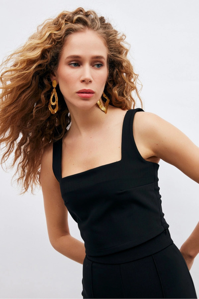 Sateen Square Neck Crop Blouse - Black