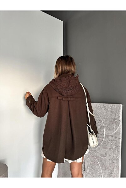 Zerrincan Giyim Kahve Dantel Şapkalı Kaşe Kaban
