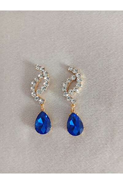 Pervin Ablacım Blue Stone Dangling Earrings Are Handmade Steel Gold