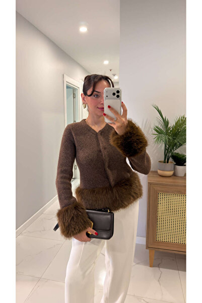 BİRCANÇİL Kotina Brown Cardigan with Fur Detail on the Sleeves