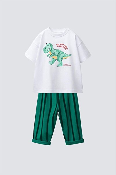 Monila Boy's Dinosaur Printed Crew Neck Cotton Jogger Pants Altüst Set