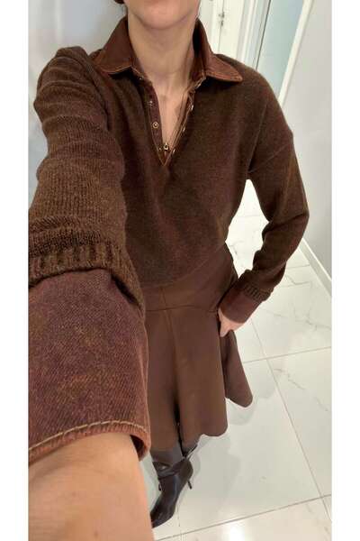 BİRCANÇİL Tolunay Dark Cinnamon Brown Collar Jeans Detailed Knitwear
