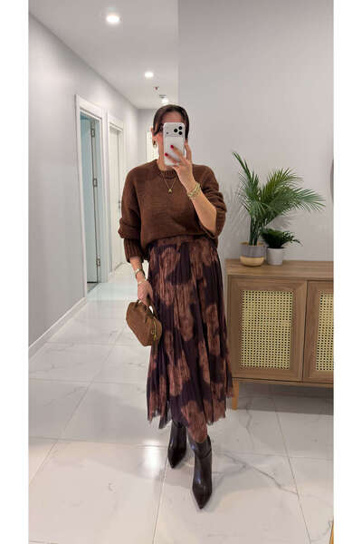 BİRCANÇİL Pecta Brown Patterned Lined Skirt